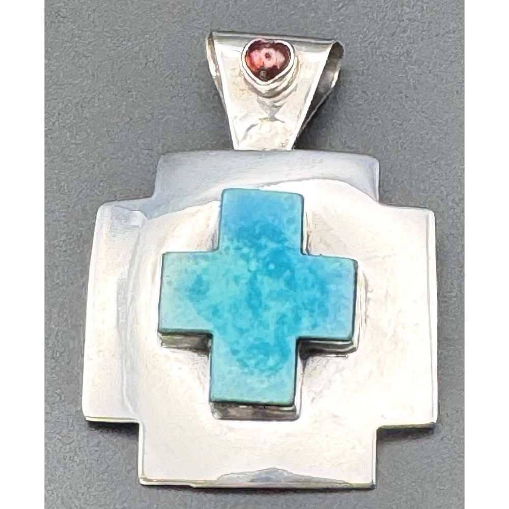 Nakai Sterling Silver Turquoise Cross Pendant Brooch Garnet Heart Signed 22.4g